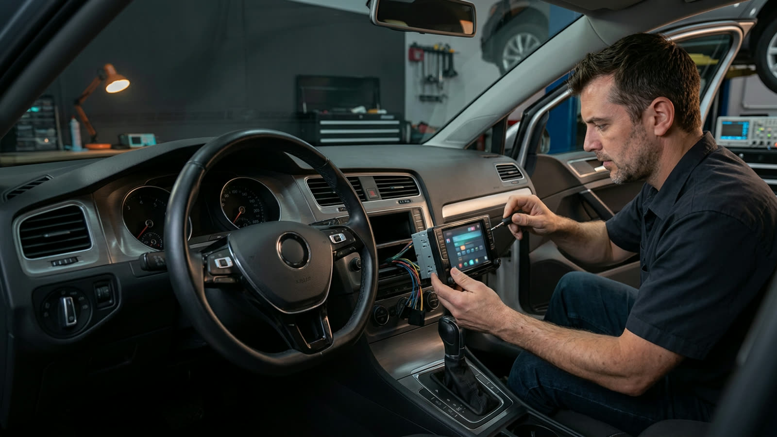 Odborný technik montuje Android autorádio do palubní desky vozu
